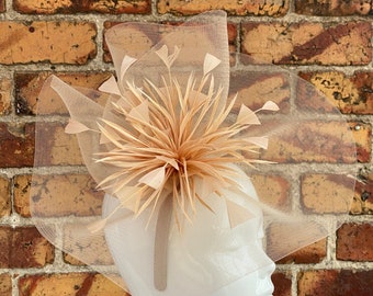 New taupe beige feather flower mesh fascinator headband