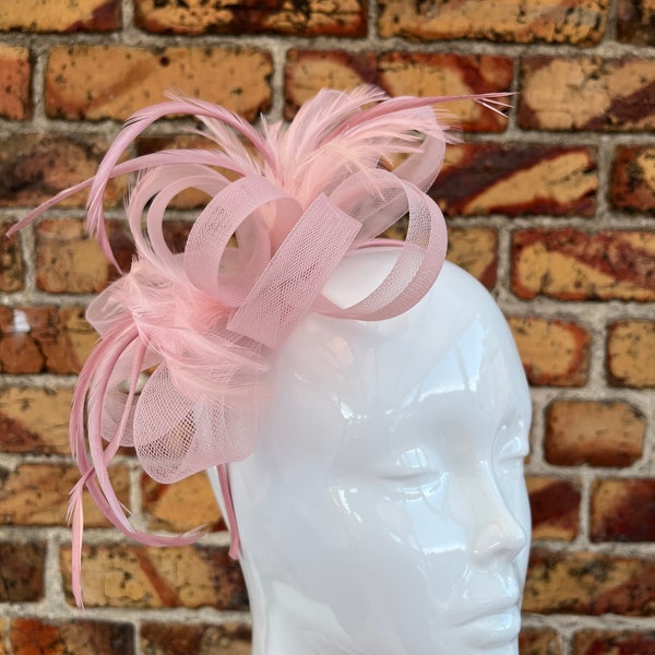 New blush pink loop bow fascinator headband with feathers