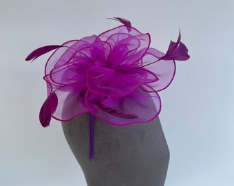 May include: A purple flower-shaped hair accessory with feathers. The accessory is made of tulle and has a headband.