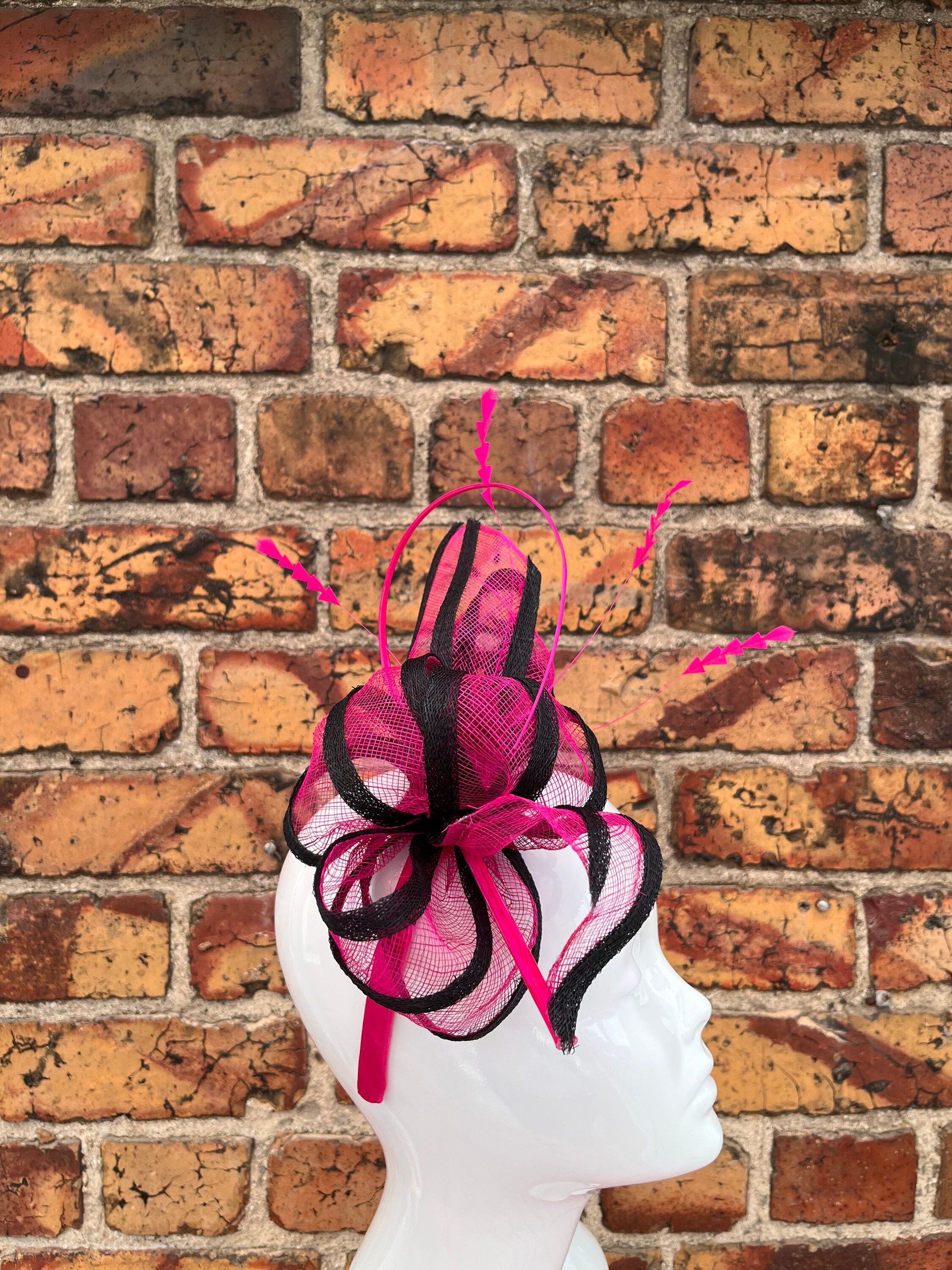 New Cerise Pink and Black Stripe Sinamay Bow Fascinator  display picture 3