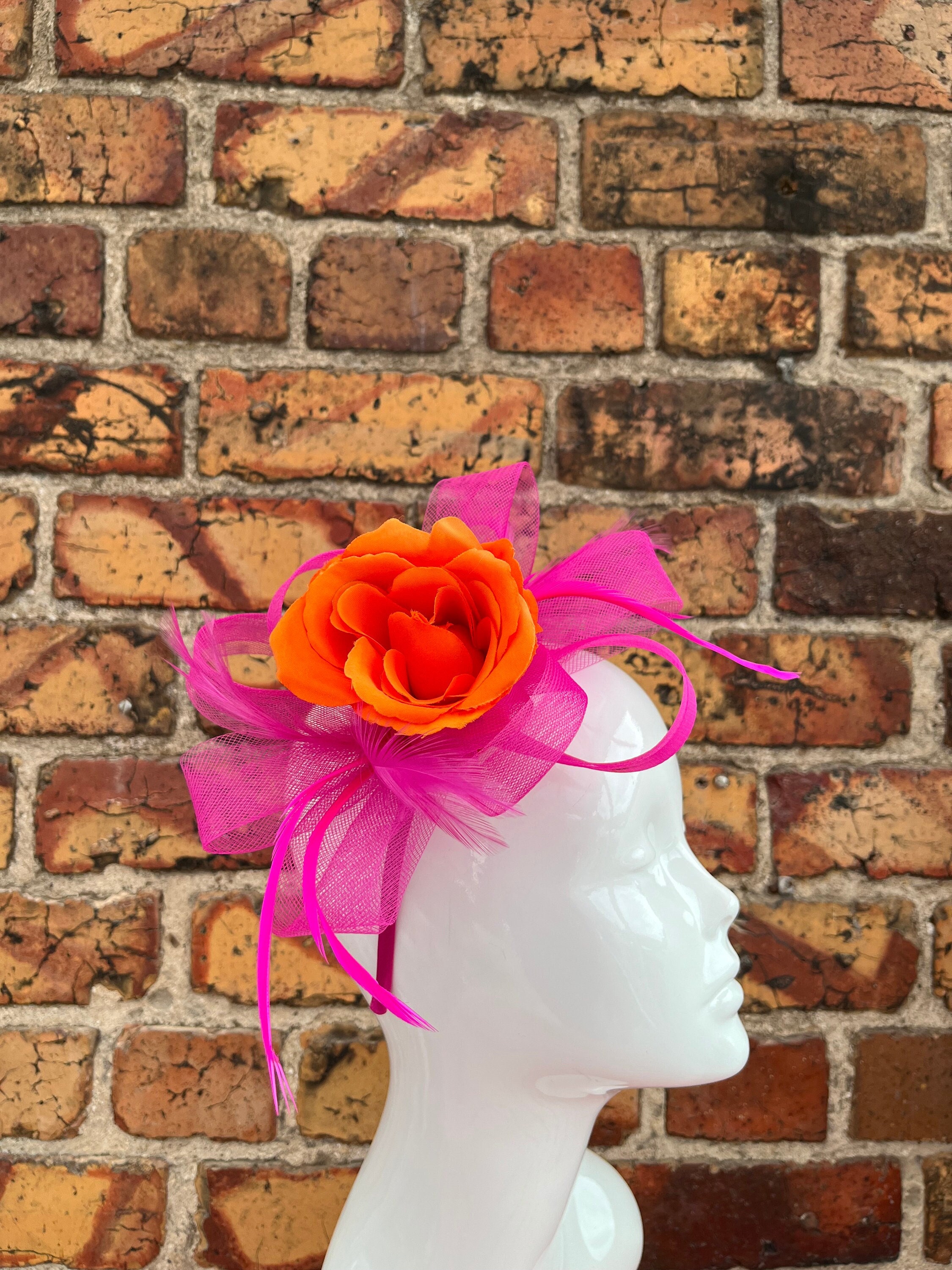Cerise Pink and Orange Rose Flower Fascinator Clip and  display picture 3