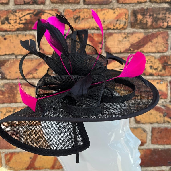 Large sinamay black looped fascinator headband and clip with cerise pink feathers