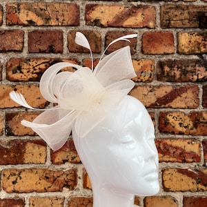 New Ivory White wide loop mesh fascinator headband and clip with added feathers