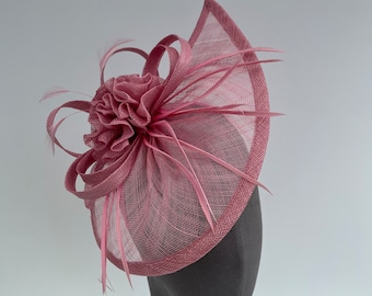 Rose Pink teardrop flower and feather fascinator headband and clip
