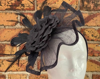 New black wavy mesh feather flower fascinator hatinator headband with added feathers
