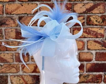 New baby blue loop bow fascinator headband with feathers