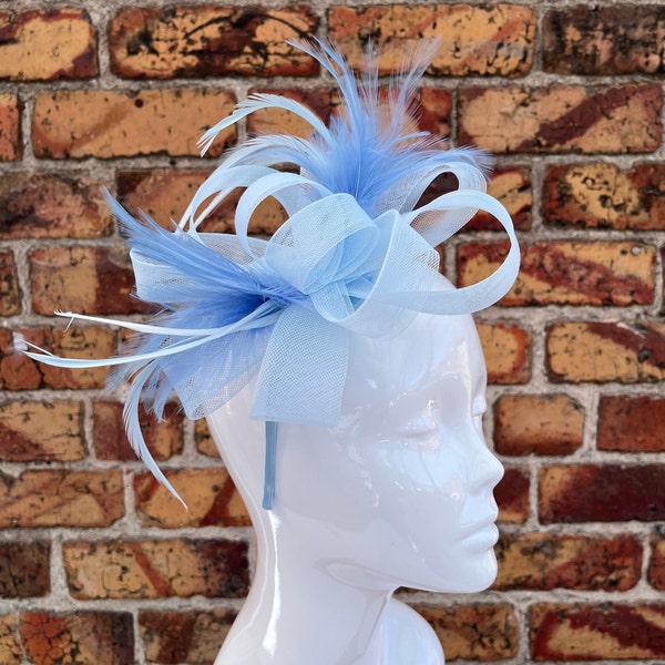 New baby blue loop bow fascinator headband with feathers