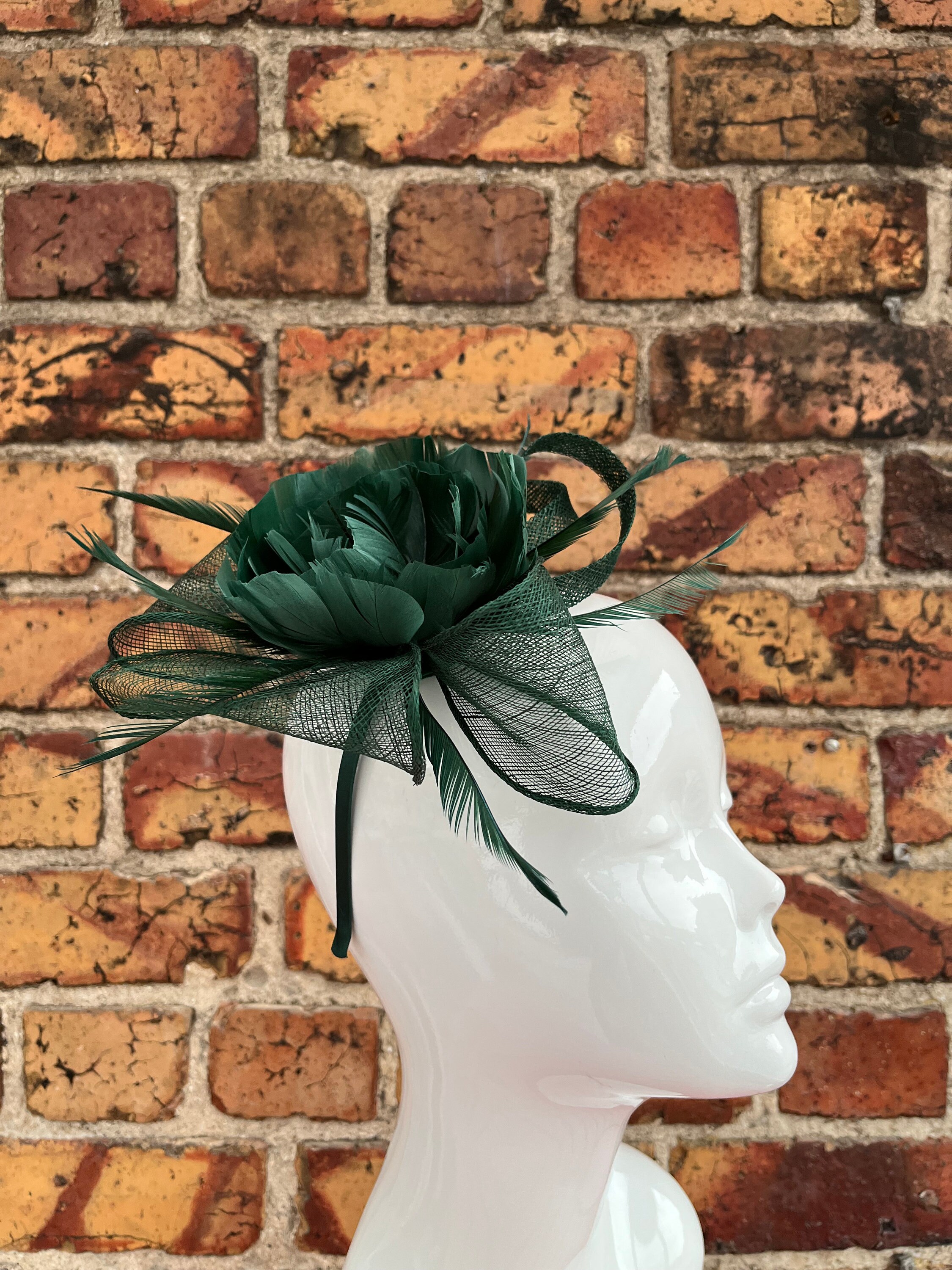 New Dark Emerald Green Peony Feather Flower Sinamay Loop and 
