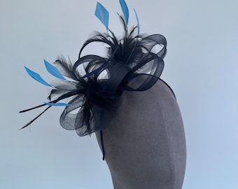 Navy Blue loop bow fascinator with added Sky Blue trimmed feathers headband and clip