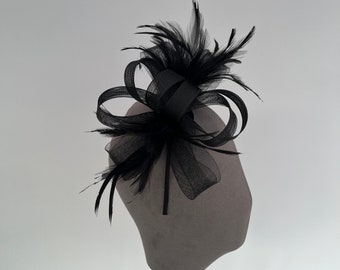 black loop bow fascinator headband and clip with added feathers
