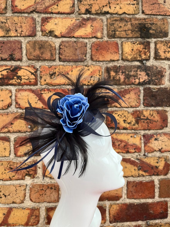 Blue Headband Fascinator with Roses, Bows and Blue Feathers New Light Blue Rose Flower Fascinator Headband and Clip on a  main image 4