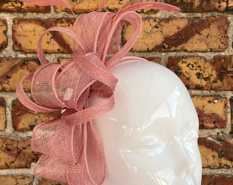 New pink sinamay looped bow fascinator headband with added feathers