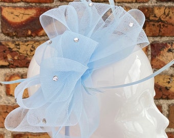 New Baby Blue Loop Bow Fascinator With Feathers and Diamantés