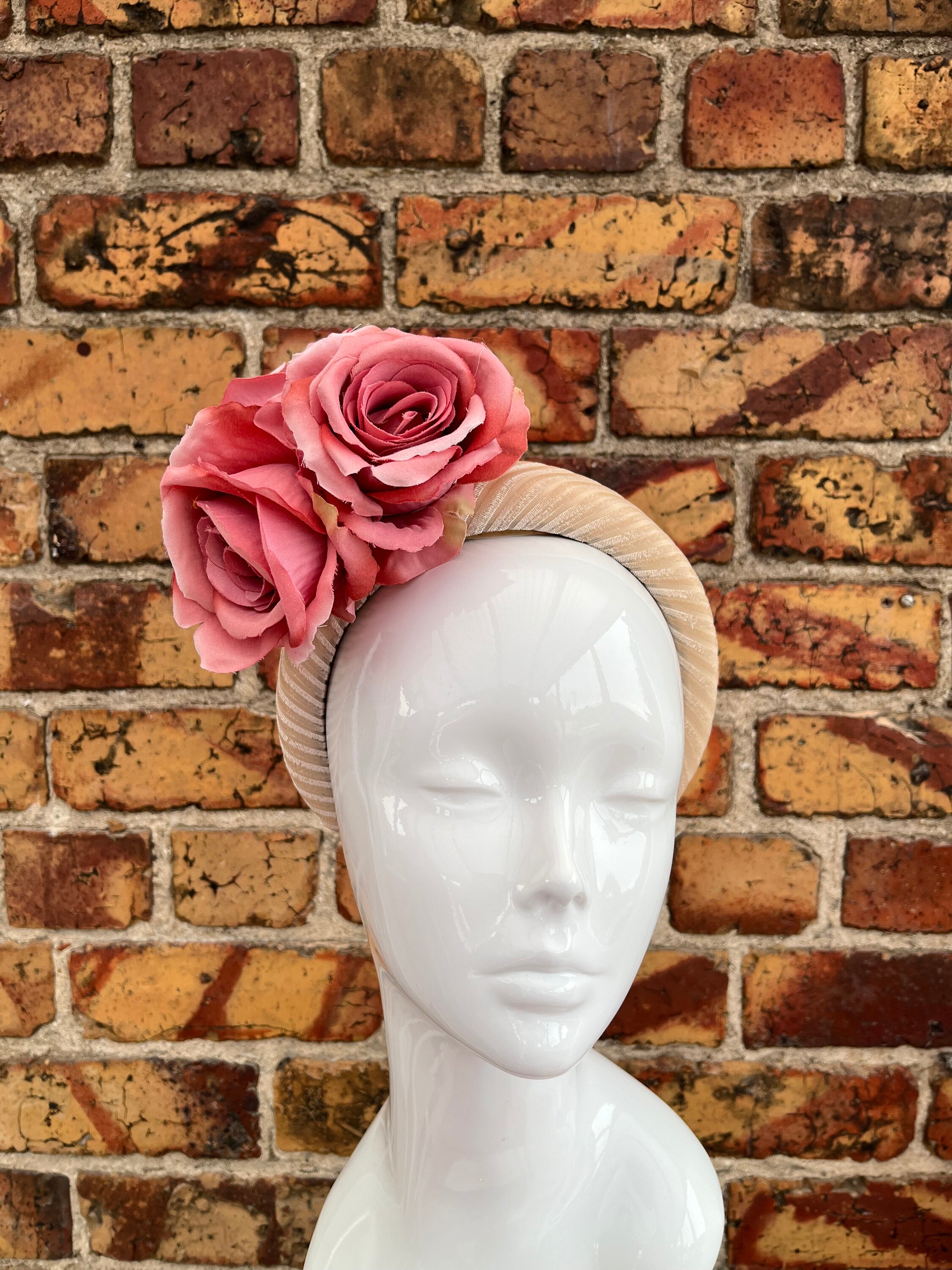 Adjustable Pink & Cream Rose Headband w/ Pink Charm Thin Bow Pink Satin Headband – Lilies & Roses NY main image 3