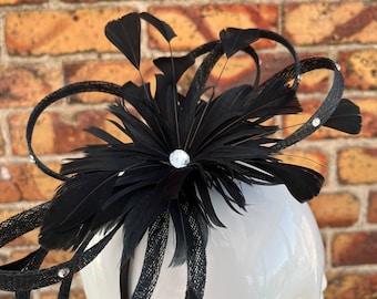 New black large flower fascinator headband and clip with studded swirls and diamanté