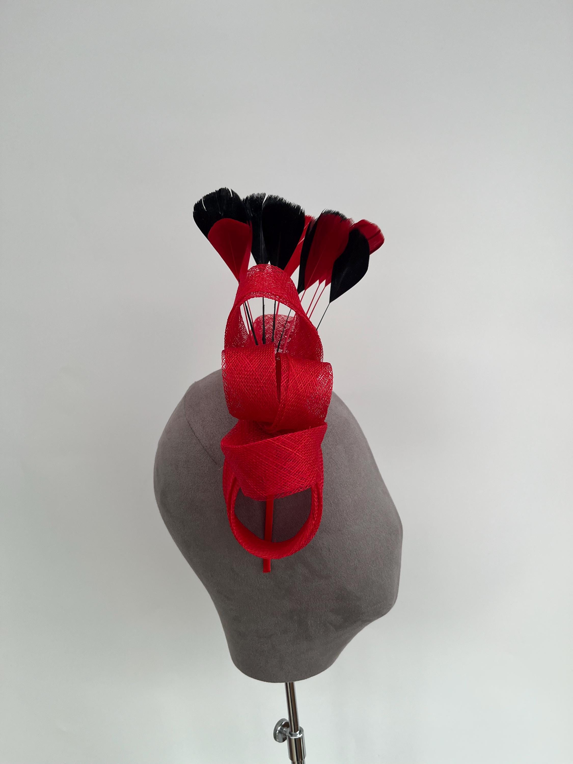 Black sinamay hat Fascinator with fire engine red abaca silk oversized bow M22021( Red Black ) Kentucky Derby Hat, Wedding Hat, Easter  main image 3