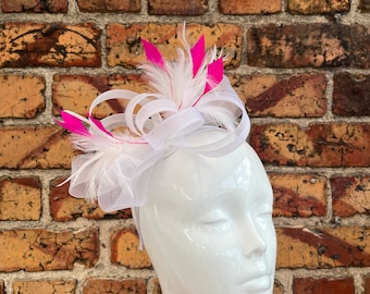 New white loop bow fascinator headband with cerise pink trimmed feathers