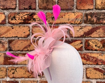 New blush pink loop bow fascinator headband with feathers and extra bright pink goose feathers