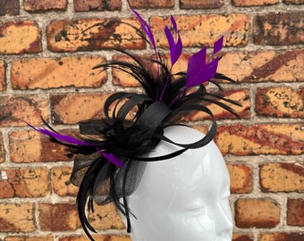 New black loop bow fascinator headband and clip with purple diamond trimmed feathers hand made