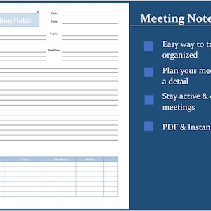 May include: A printable meeting notes template with a blue and white color scheme. The template includes sections for date, time, attendees, topics, presenters, deadlines, notes, and an action plan.