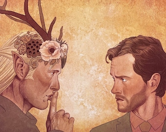 May include: A digital illustration of two men facing each other. The man on the left has blonde hair, antlers, and a floral crown. He is wearing a brown sweater and has his finger to his lips. The man on the right has brown hair and is wearing a green suit and a pink shirt with a brown tie. The background is a light brown.