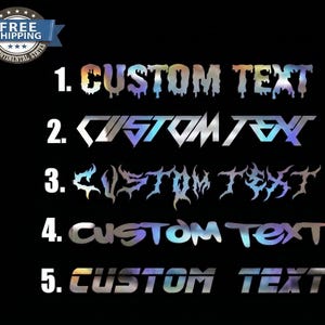 May include: A black background with five examples of custom text in a holographic, iridescent font. The text styles vary, with some appearing drippy or stylized. The words "CUSTOM TEXT" are visible in each example.