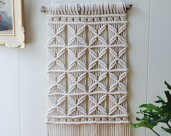 Geometric Macrame Wall Hanging with X Pattern, Large Macrame Wall Hanging on Driftwood Branch, Macrame Home Decor, Neutral Woven Wall Art