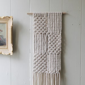 Long Macrame Wall Hanging in Alternating Knot Patterns, Neutral Fiber Art Wall Hanging, Modern Macrame Wall Art, Narrow 36”L Hanging