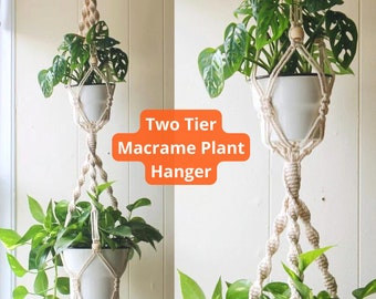 Two Tier Macrame Plant Hanger with Beads, Large Double Macrame Plant Hanger for 2 Plants, Handmade Boho Plant Hanger