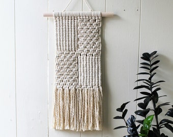 Macrame Wall Hanging in Alternating Square Patterns, Neutral Fiber Art Wall Hanging, Modern Macrame Wall Art, 20”L Hanging