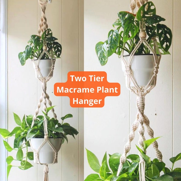 Two Tier Macrame Plant Hanger with Beads, Large Double Macrame Plant Hanger for 2 Plants, Handmade Boho Plant Hanger
