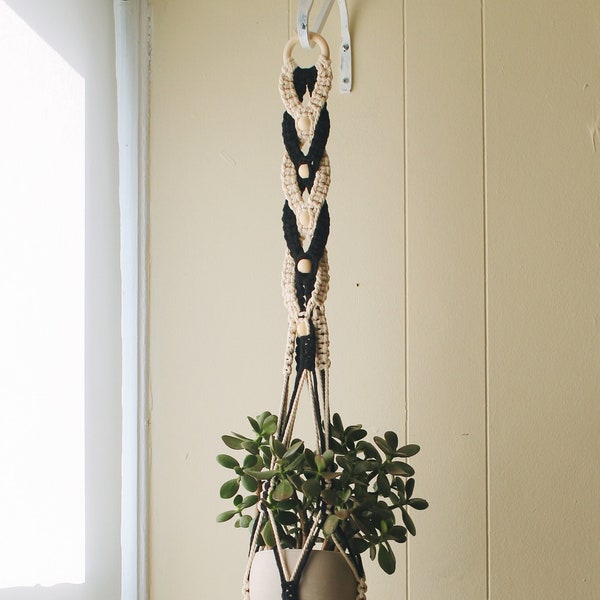 Black & White Intertwined Plant Hanger with Wooden Beads, Handmade Macrame Houseplant Hanger, Braided Boho Design, Fits 3-7" Inch Pots