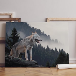Misty Wolf Canvas Print, Moody Forest Wildlife Wall Art