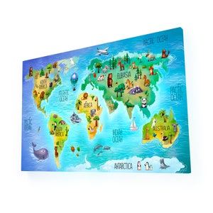 Carte du monde pour enfants avec la faune continentale, notre planète, easy map learn for Kids, canvas print, wall art