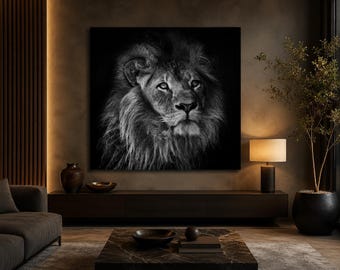 Black White Lion Canvas & Poster Print, Majestic Wildlife Wall Art