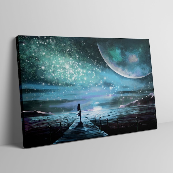 Starry night. Fantasy Art. Girl under the moon. Abstract moon art wall. Girl wall Art. Full moon art canvas. Sky canvas. Alone girl canvas.