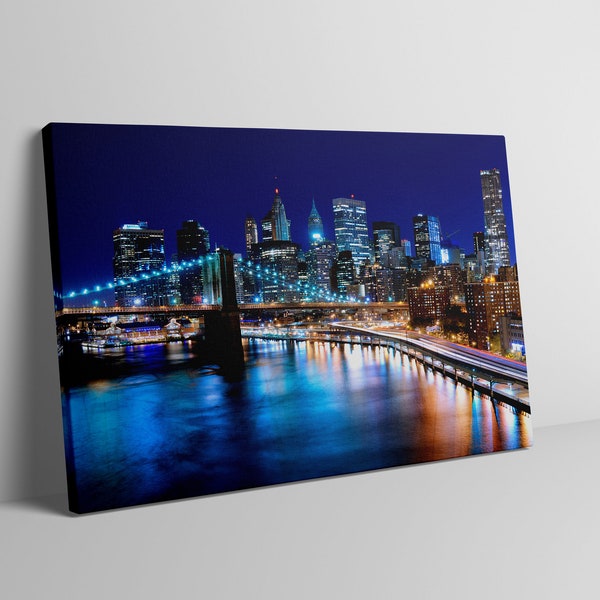 Skyline of Downtown New York. New York at night with Reflection in water. City Art. Night Light. Beautiful City at Night. Art on Canvas.
