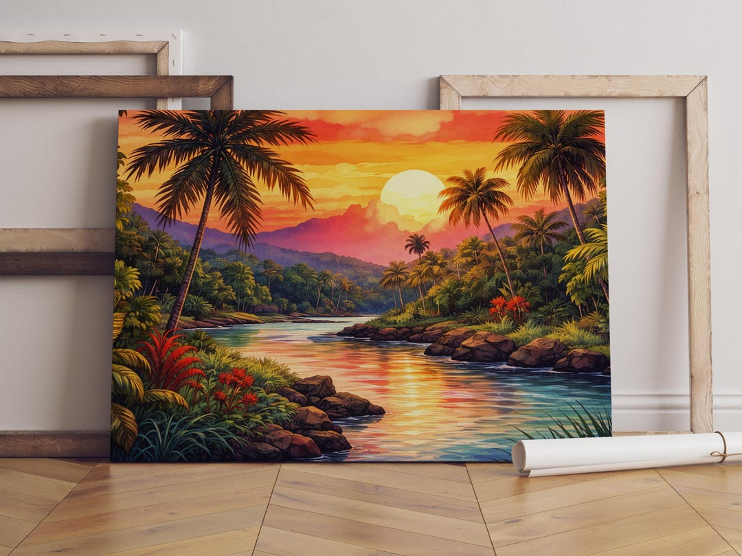 Tropical Sunset Canvas Print, Painted Palm River Wall Art - Etsy
