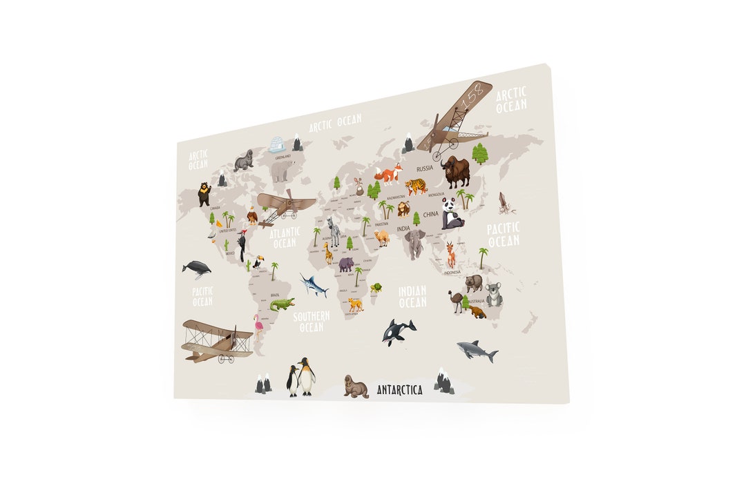 Animals World Map for Kids Wallpaper Design. Disney World. Canvas Wall