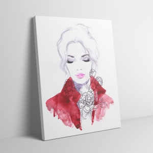 Woman in red decor. Face Art. Woman Painting. Modern Wall Art. Beauty Salon Decor.  Painting woman. Gift for Friends Woman. Gift for Her.