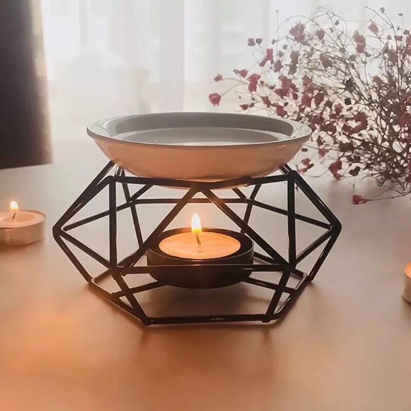Black Iron frame Stainless Steel Oil Burner Candle Aromatherapy furnace Oil Lamp Home Decorations Aroma Oil Lamp Romance Essential Metal Tealight Holder Geometry Candlestick Tabletop Diffuser 