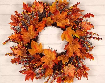 Autumn wreath | Halloween pumpkins | artificial door wreath | large autumnal wreath | maple leaf | orange autumn wreath | seasonal wreath