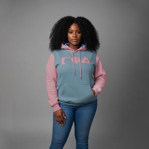 Gamma Phi Delta Color Block Hooded Pullover, Women's Satin Lined Sorority Sweatshirt with Embroidered Logo (Cotton/Polyester)