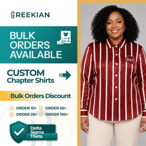 May include: A long-sleeved button-down shirt with vertical maroon and white stripes, featuring a circular logo with the letters DST on the left chest. The image includes text: GREEKIAN, BULK ORDERS AVAILABLE, CUSTOM Chapter Shirts, and Delta Sigma Theta.