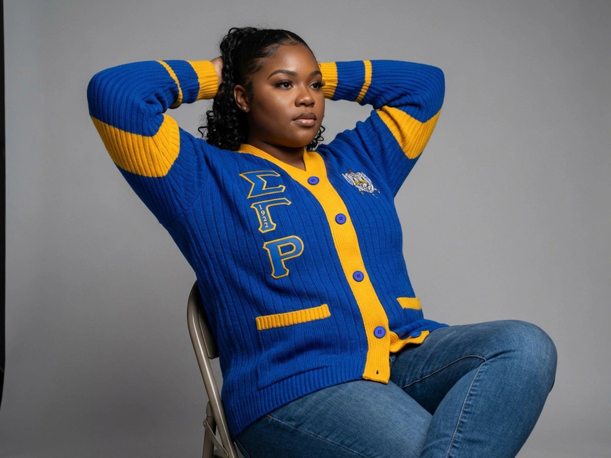Sigma Gamma Rho Striped Knitted Cardigan Sweater, Royal Blue & Gold