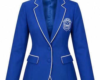 May include: A royal blue blazer featuring white piping along the lapels and pocket flaps. The jacket has two matching blue buttons and an embroidered white crest on the left chest containing the Greek letters ZΦB and the year 1920.
