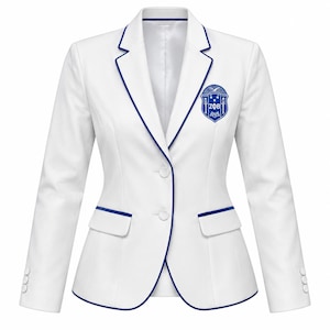 May include: A white blazer featuring royal blue piping along the lapels, pockets, and hem. The jacket has two front buttons, long sleeves with three buttons on each cuff, and a blue embroidered crest on the left chest with the Greek letters ZΦB.