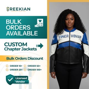 Puede incluir: Una mujer con una chaqueta negra, blanca y azul con el texto "FINER WOMAN". La chaqueta tiene una cremallera frontal y mangas negras. La imagen también incluye el texto "BULK ORDERS AVAILABLE" y "CUSTOM Chapter Jackets".