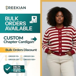 May include: A woman in a red and white striped cardigan with "DST" on the chest. The image features text: "BULK ORDERS AVAILABLE" and "CUSTOM Chapter Cardigan".