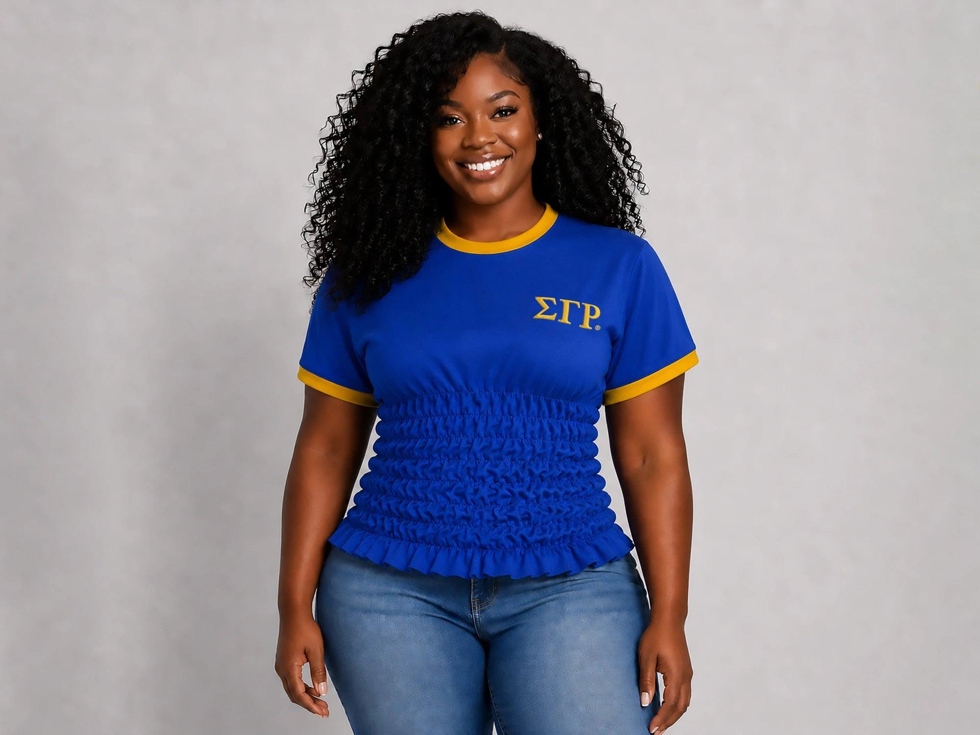 Sigma Gamma Rho Smocked Ringer Shirt, Royal Blue and Gold Cropped Sorority Top